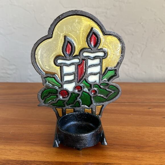 Stained Glass Christmas Candle Votive holder Metal made in Japan Holiday Decor - Picture 2 of 3
